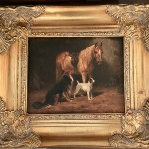 8x10” canvas Giclee of horse and dogs. placed in large heavy frame